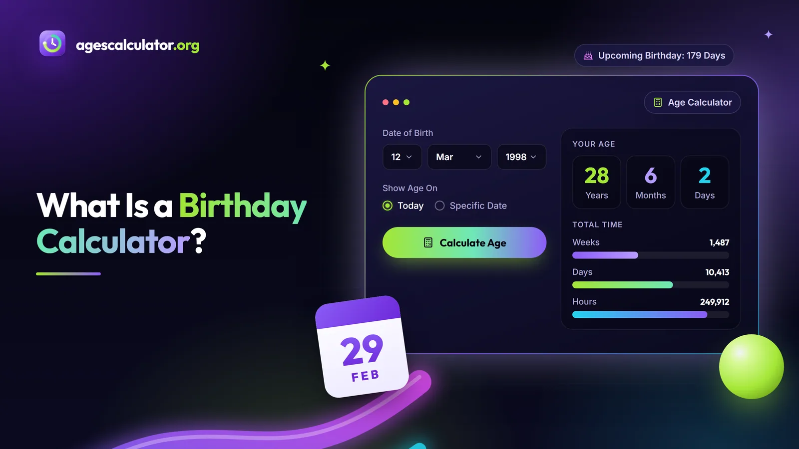 What Is a Birthday Calculator? – Age Calculator, 28 Years, 6 Months, 17 Days, Total Time, Upcoming Birthday