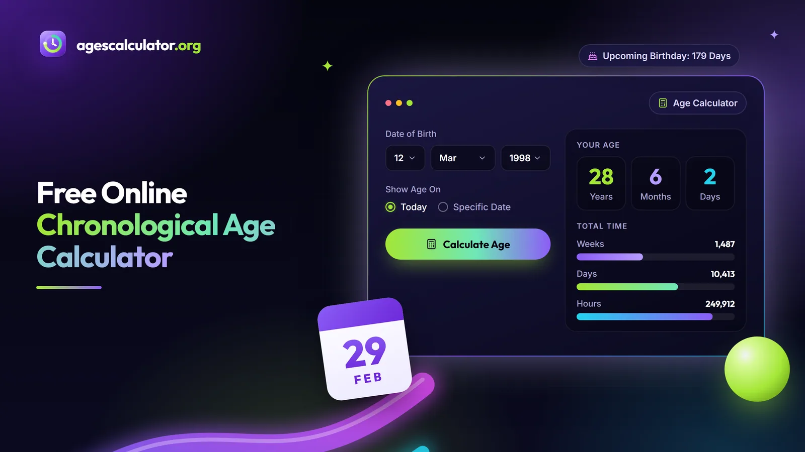 Free Online Chronological Age Calculator – Age Calculator, 28 Years, 6 Months, 17 Days, Total Time, Upcoming Birthday