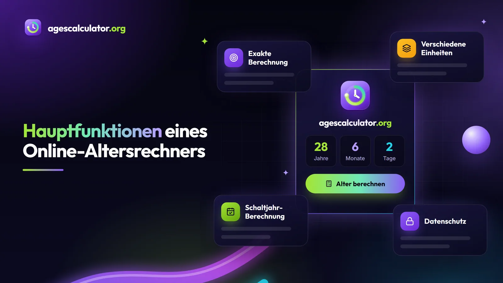 Hauptfunktionen eines Online-Altersrechners Hauptfunktionen eines Online-Altersrechners – Exakte Berechnung, Verschiedene Einheiten, Schaltjahr-Berechnung, Datenschutz