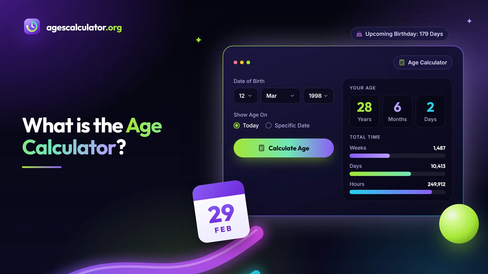 What is the Age Calculator? – Age Calculator, 28 Years, 6 Months, 2 Days, Total Time, Upcoming Birthday