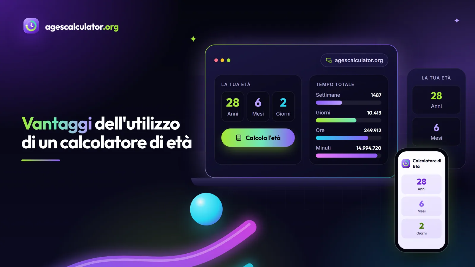 Vantaggi dell'utilizzo di un calcolatore di età Vantaggi dell'utilizzo di un calcolatore di età – La tua età, Tempo totale, Settimane, Giorni, Ore, Minuti