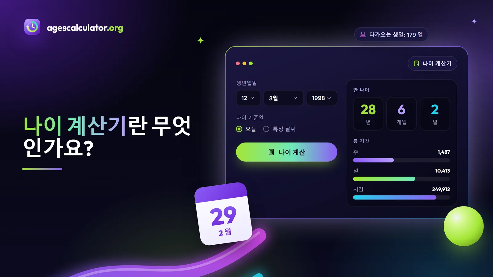 나이 계산기란 무엇인가요? 나이 계산기란 무엇인가요? – 나이 계산기, 28 년, 6 개월, 2 일, 총 기간, 다가오는 생일
