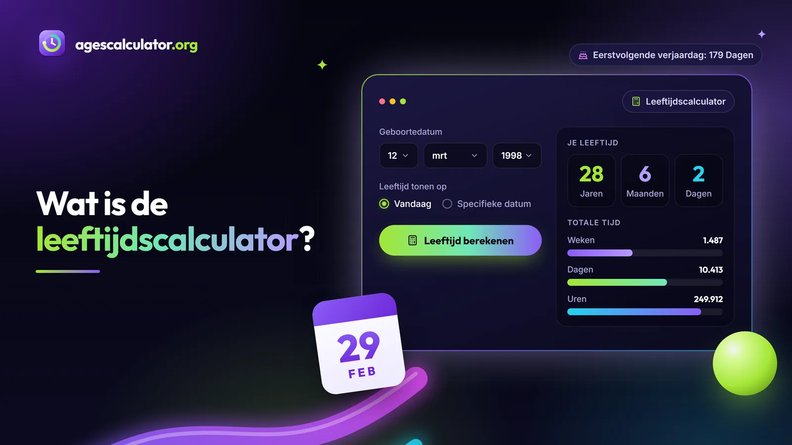 Wat is de leeftijdscalculator? – Leeftijdscalculator, 28 Jaren, 6 Maanden, 2 Dagen, Totale tijd, Eerstvolgende verjaardag