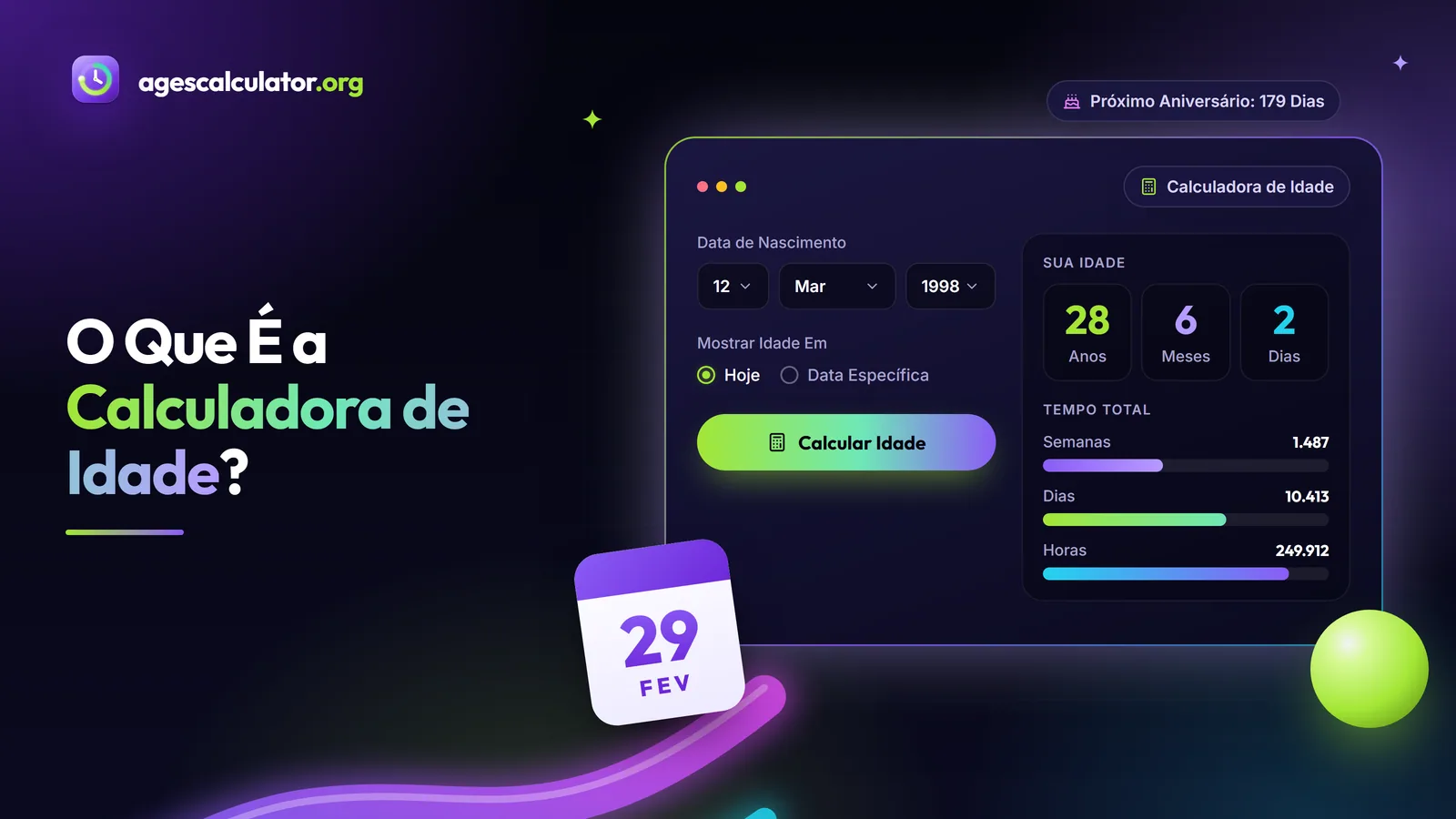 O Que É a Calculadora de Idade? – Calculadora de Idade, 28 Anos, 6 Meses, 2 Dias, Tempo Total, Próximo Aniversário